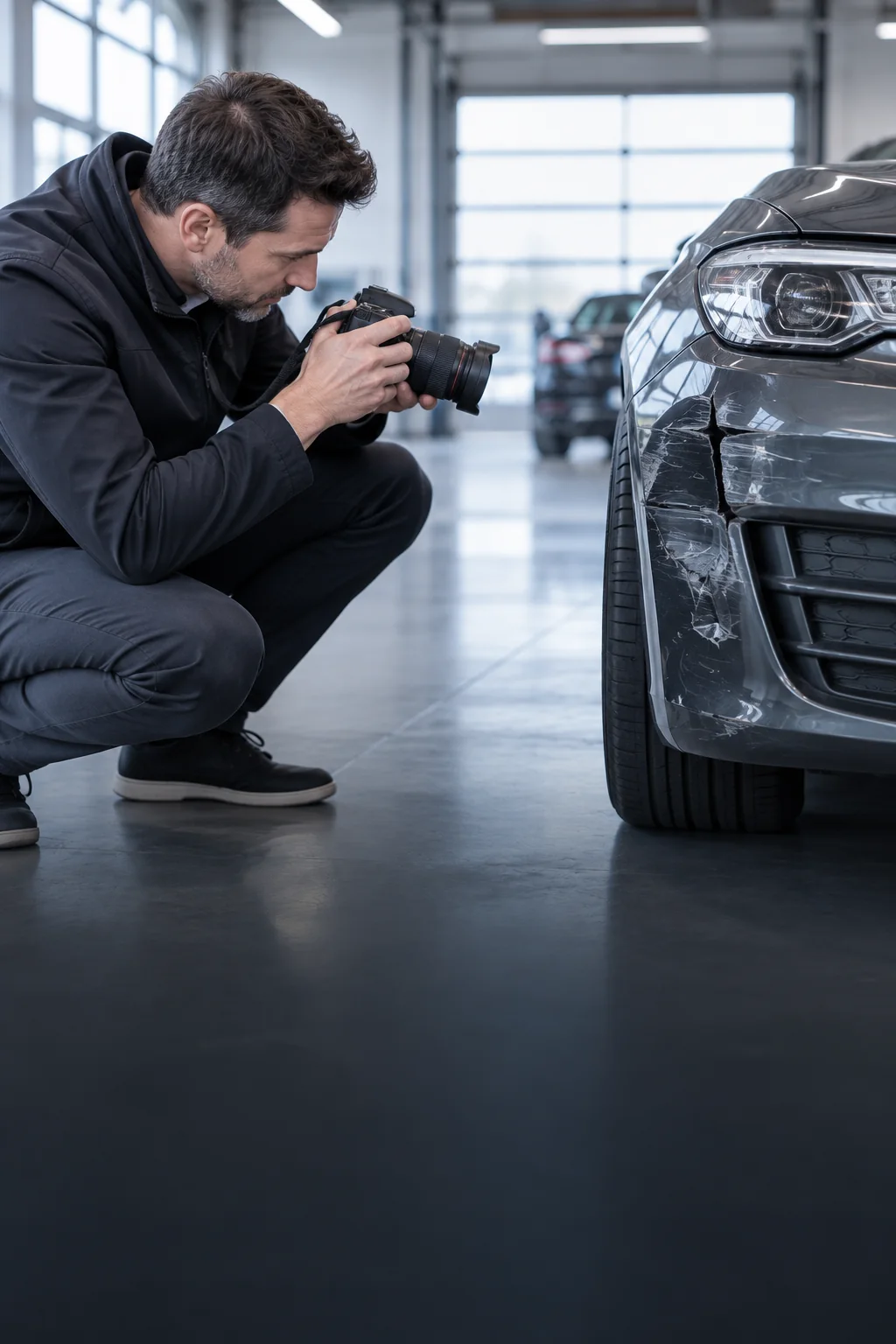 Sachverständiger fotografiert einen Fahrzeugschaden zur Beweissicherung