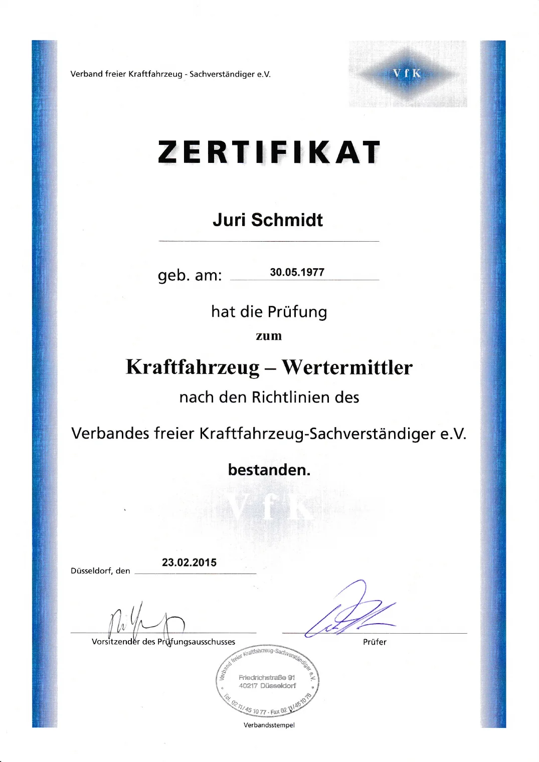 Vorschau des Zertifikats zum Kraftfahrzeug-Wertermittler