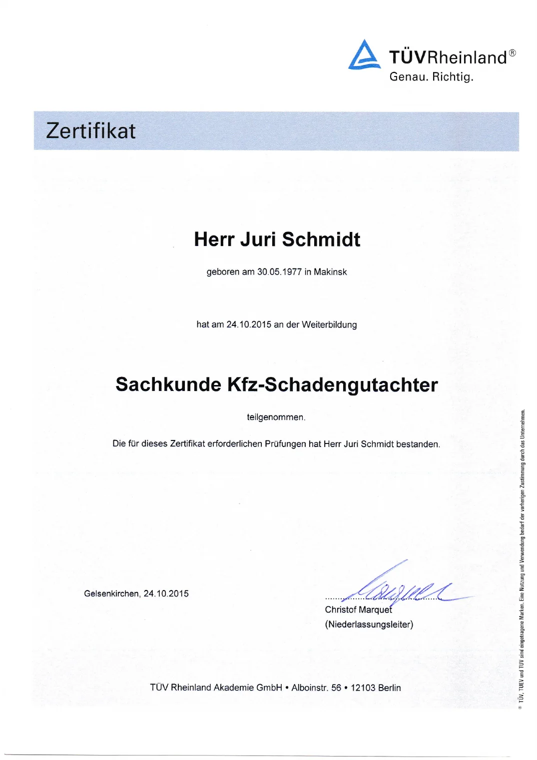 Vorschau des Zertifikats zur Sachkunde Kfz-Schadengutachter
